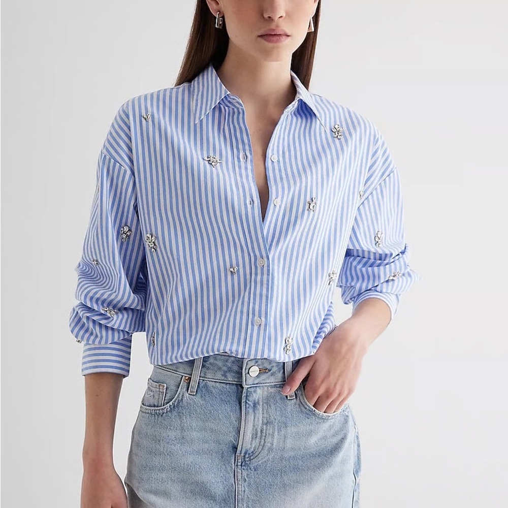 Express Poplin Embellished Striped Portofino Shirt Size M